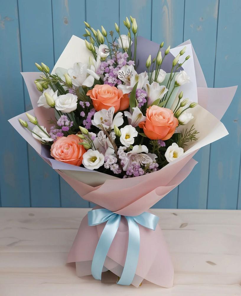 Букет цветов из: Лизиантусы, Розы, Альстромерии и Гипсофила в Рудне Воронежской области