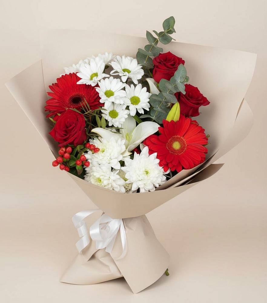 Букет цветов из: Розы, Хризантемы, Герберы и Лилии в Рудне Воронежской области